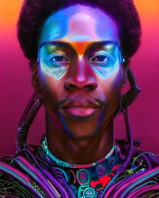 Prompt: colorful portrait of a black male hippie with cybernetics and a natural hair style, but set in the future 2 1 5 0 | highly detailed | very intricate | symmetrical | professional model | cinematic lighting | award - winning | painted by mandy jurgens | pan futurism, dystopian, bold psychedelic colors, cyberpunk, anime aesthestic | featured on artstation