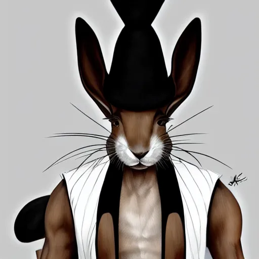 Prompt: anthropomorphic jackrabbit harengon with black skin and white highlights, wearing stylized monk robes and a very wide brimmed black hat, focus on hat, digital art featured on artstation