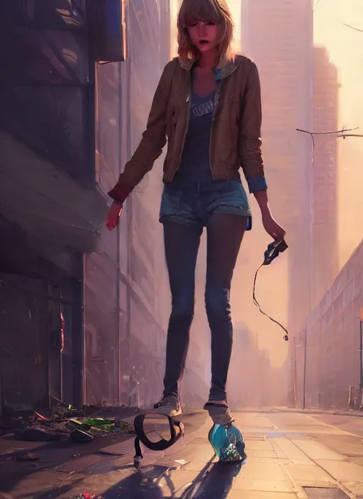 Prompt: Highly detailed full-body portrait of homeless Taylor Swift, in GTA V, Stephen Bliss, unreal engine, fantasy art by Greg Rutkowski, Loish, Rhads, Makoto Shinkai and Lois van baarle, ilya kuvshinov, rossdraws, Mat collishaw, global illumination, radiant light, detailed and intricate environment