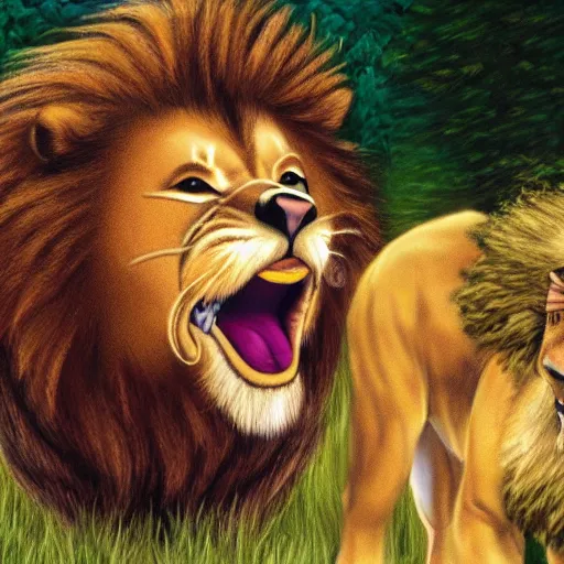 Image similar to screaming bob ross chasing a lion