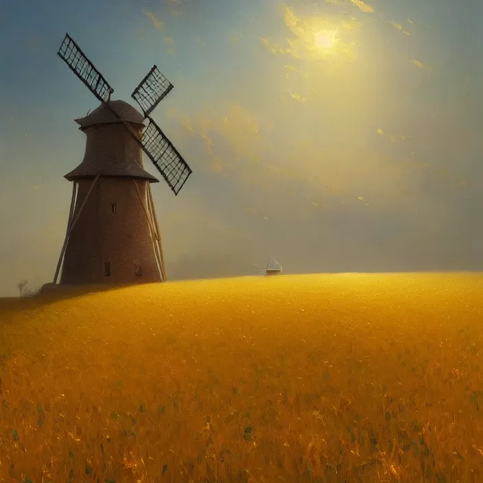 Image similar to a beautiful painting of a windmill in a golden wheat field by ivan aivazovsky and greg rutkowski and rhads, in style of digital art. hyper detailed, sharp focus, soft light. octane render. ray tracing. trending on artstation