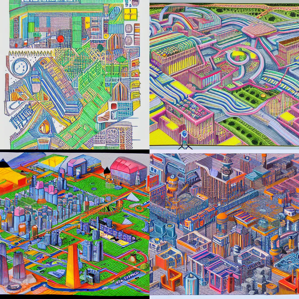 Prompt: isometric city mad of, Hatching, flexible character code, acoustic information, hieroglyphs, repetition, complex system of order, building plans, scores, circuits, cartography, medium: colored pencil