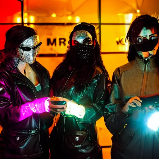 Image similar to photograph of a retro techwear female group near the bar of a packed busy rundown nightclub, lots of people, sharp and sparkly masks, retrofuturism, brutalism, cyberpunk, sigma 85mm f/1.4, 15mm, 35mm, tilted frame, long exposure, 4k, high resolution, 4k, 8k, hd, wide angle lens, highly detailed, full color, harsh light and shadow