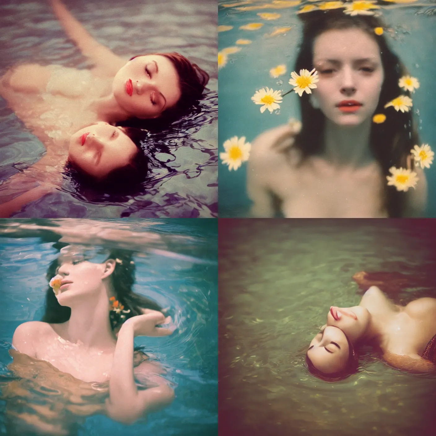 Prompt: An vintage analog head and shoulder frontal face portrait photography of a woman floating in water and flowers by Maxim Nikolaev. Kodak Portra 800 film. shallow depth of field. (Depth of field). whirl bokeh!!. Golden hour. detailed. hq. realistic. warm light. muted colors. dark Mood. Filmic. Dreamy. lens flare. Mamiya 7ii, f/1.2, symmetrical balance, in-frame