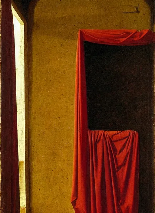 Image similar to red curtain on the floor, medieval painting by jan van eyck, johannes vermeer, florence