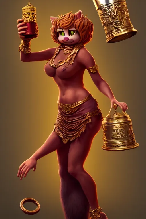 Prompt: fullbody!! personification of garfield the cat garfield goddess holding a blood chalice, stunning, garfield cat face, hyperrealistic, trending on artstation, smooth and sharp, intricate, highly detailed, elegant, professional character concept art by tatyana kupriyanova