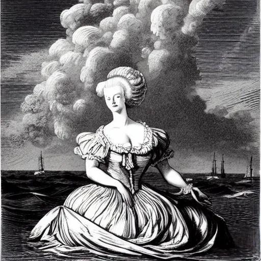 Image similar to A beautiful 19th century wood-engraving of Marie Antoinette levitating over the sea, by Édouard Riou Jules Férat and Henri de Montaut, highly detailed, fine Art, high detail, masterpiece, illustration, clear eyes, trending on artstation