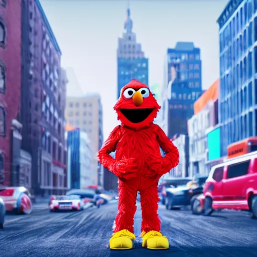 Prompt: of Elmo from sesame street dressed up as a rapper in New York City, highly detailed, 4K, moody lighting, 90’s vibe, 3d render, octane redshift, 8k
