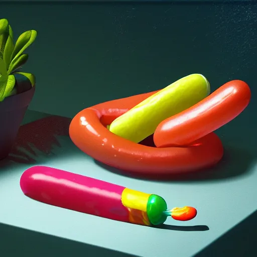 Prompt: a neon translucent transparent plastic hotdog surrounded by bits of fur, popsicles, and exotic tropical plants, chiaroscuro baroque painting, still life, detailed octane render, 8k