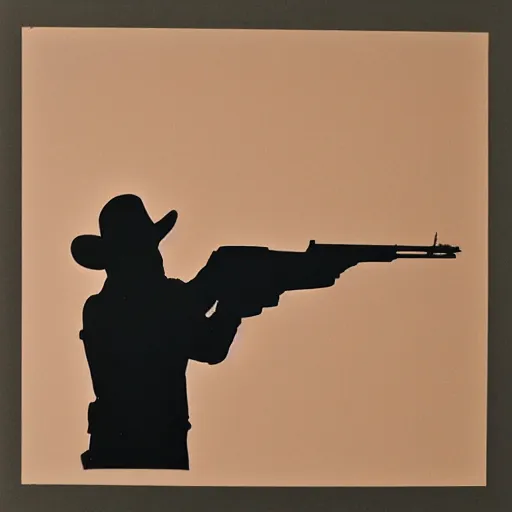 Prompt: transparent siluette of a outlaw pointing a gun. serigraph. screen - printed on top of a photograph. sun - bleached highlights. sanded surface with scratches soft colors