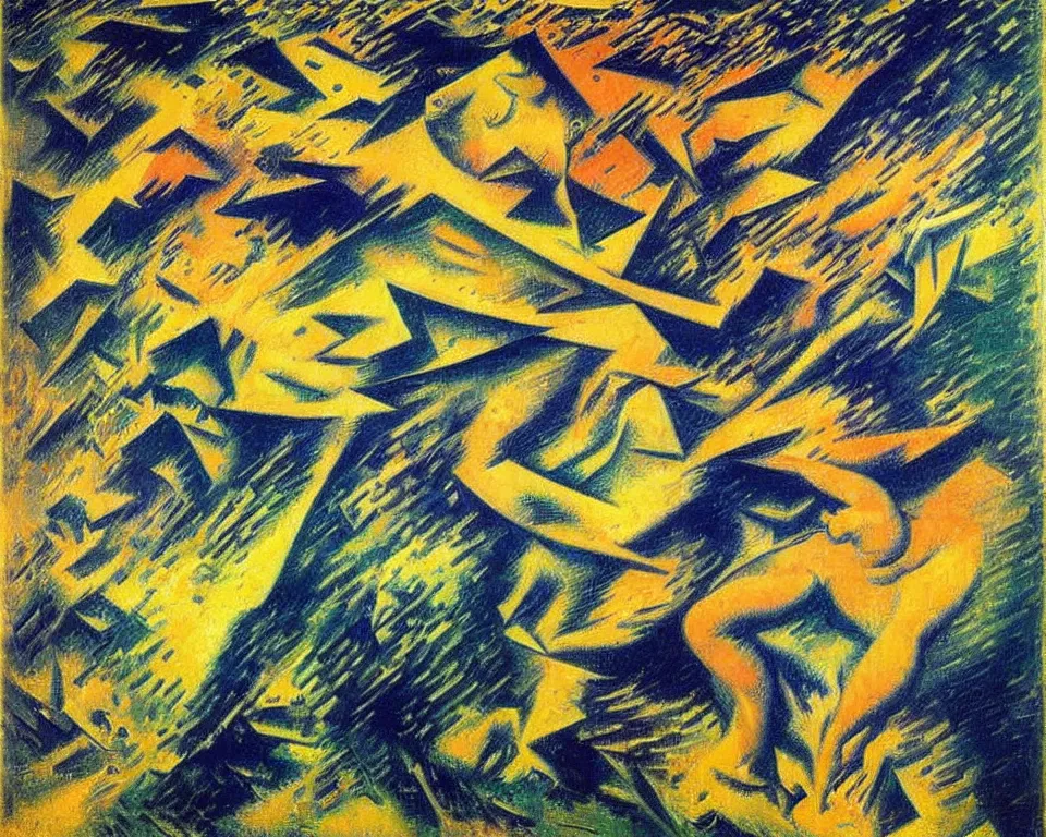 Prompt: a monsoon by umberto boccioni. detailed, proportional, romantic, enchanting, achingly beautiful, graphic print, trending on artstation, jungle, tropical, foliage