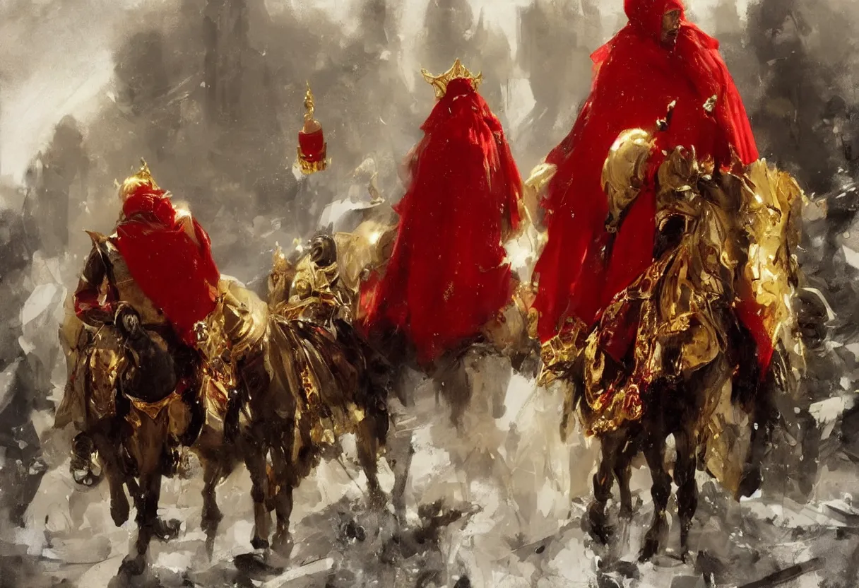 Image similar to oil painting of king, red royal cape, large golden crown, rich jewellery, art by anders zorn, wonderful masterpiece by greg rutkowski, beautiful cinematic light, american romanticism by greg manchess, creation by tyler edlin