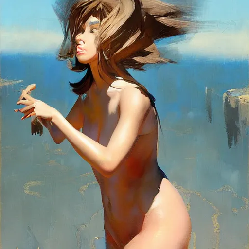 Image similar to greg manchess portrait painting of yorha type b no. 2 in a bikini, white long hair, organic painting, sunny day, matte painting, bold shapes, hard edges, street art, trending on artstation, by huang guangjian and gil elvgren and sachin teng