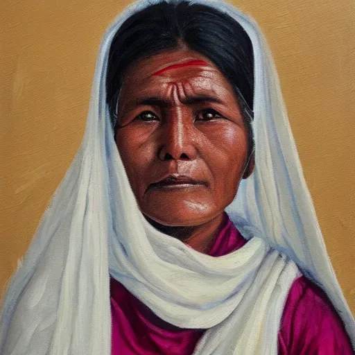 Image similar to a nepali woman wearing a white shawl, sad, oil painting