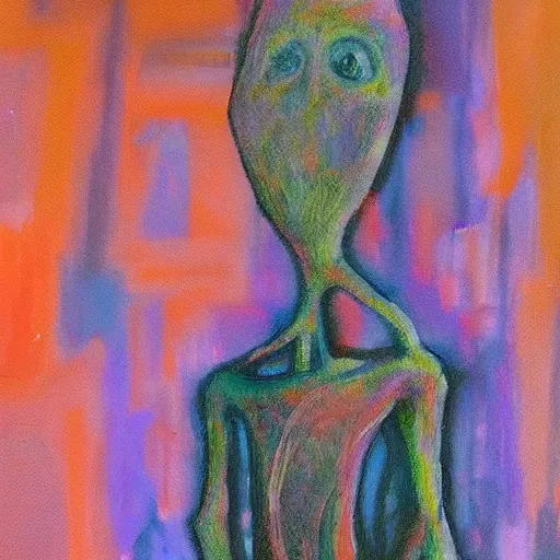 Image similar to a painting of a ethereal ghost standing close to camera in the style of alberto giacometti, acrylic, twilight, glows, detailed,