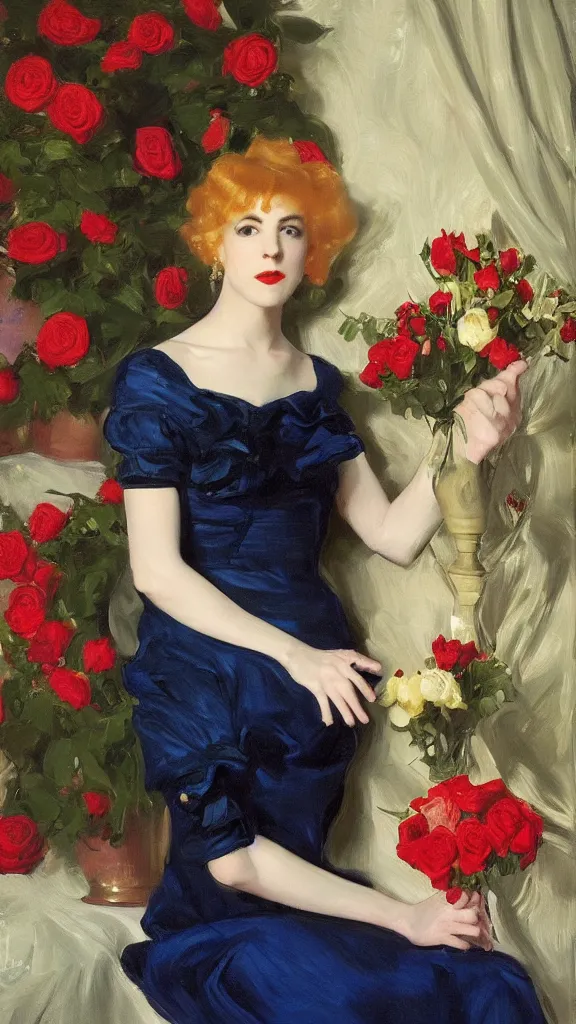 Image similar to portrait of young julee cruise in detailed golden sleeve balloon dress beside a pot of red roses, a persian blue detailed curtain in back painted by john singer sargent