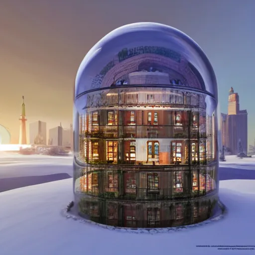 Prompt: a snow globe with a soviet building in it, a computer rendering by leandro erlich, trending on cgsociety, retrofuturism, tesseract, isometric, physically based rendering