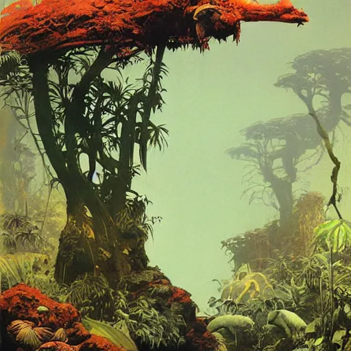 Prompt: mystic jungle by Franz frazetta, by Dan mcpharlin