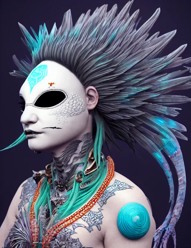 Image similar to 3 d goddess close - up profile simple portrait punk with mohawk with ram skull. beautiful intricately detailed japanese crow kitsune mask and clasical japanese kimono. betta fish, jellyfish phoenix, bio luminescent, plasma, ice, water, wind, creature, artwork by tooth wu and wlop and beeple and greg rutkowski