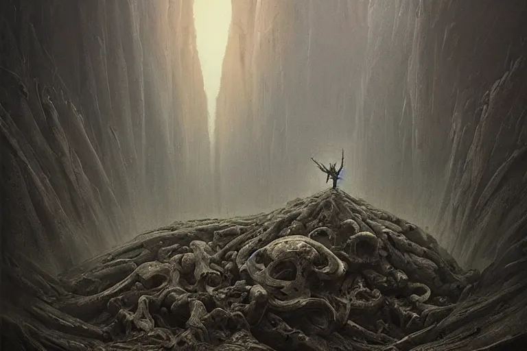 Image similar to amazing concept painting, by Jessica Rossier and HR giger and Beksinski, prophecy, hallucination, the middle of a valley, a golem of bones, it was full of bones, bones that were very dry, there was a noise, a rattling sound, and the bones came together, bone to bone , I looked, and tendons and flesh appeared on them and skin covered them, but there was no breath in them and breath entered them, they came to life and stood up on their feet a vast army