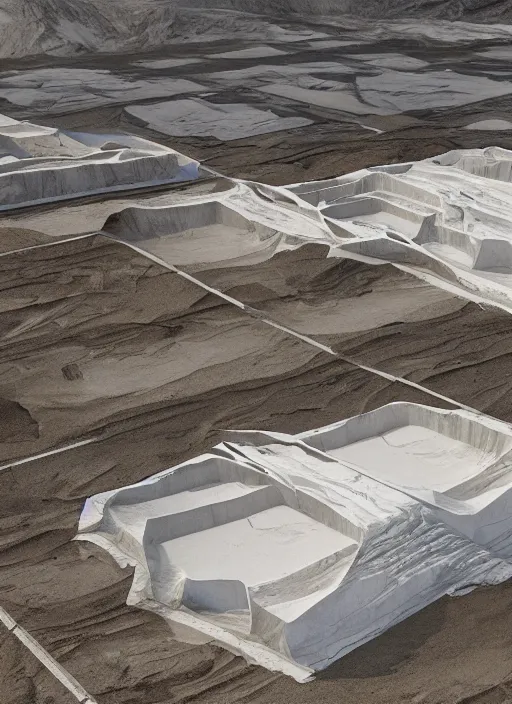 Prompt: bioremediation white hologram architecture, in the mining tailings of chuquicamata, epic, cinematic, hyperealistic, high detailed, corona render, hdr, ray tracing