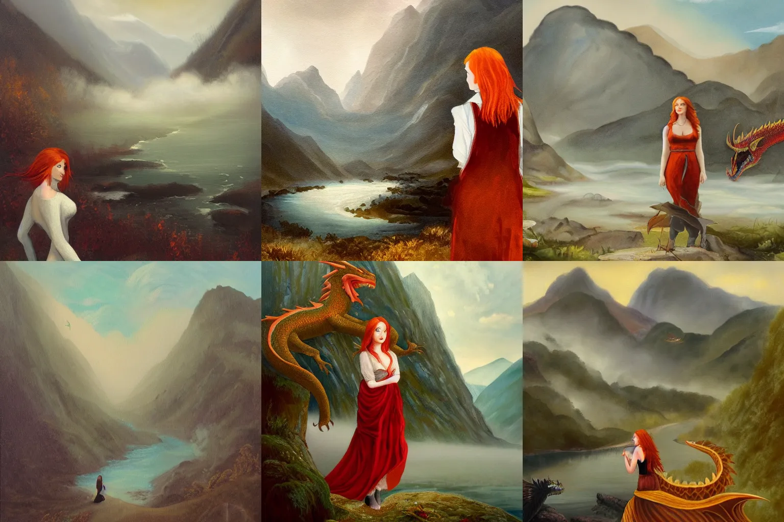 Prompt: a painting of a redhead woman standing besides a river looking at a dragon in the mountains covered by a fog in a thunderous weather