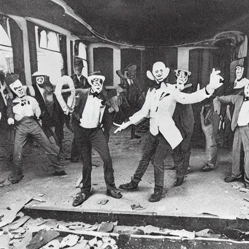 Image similar to old tin plate photograph of clowns throwing an after party at an abandoned Tivoli, realistic, absurd