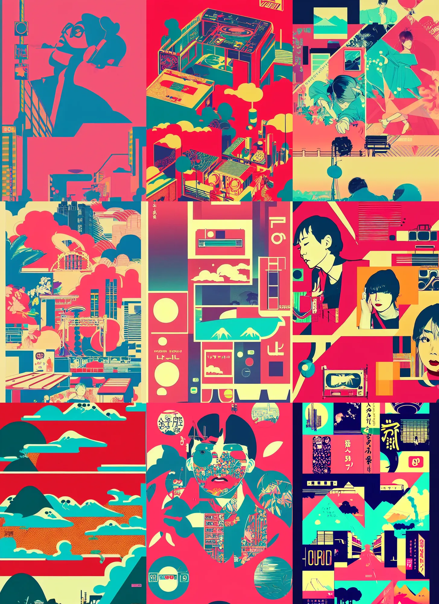 Prompt: beautiful illustration of layout of japanese pop art, city pop, frame, acid, modular synth, music, chillhop, obi strip, poster, 8 0 s, album art, trendy typography, lo - fi, logo, landscape, pinterest, dribble, influenced by retro and vintage, artstation, 8 k, user interface, underground