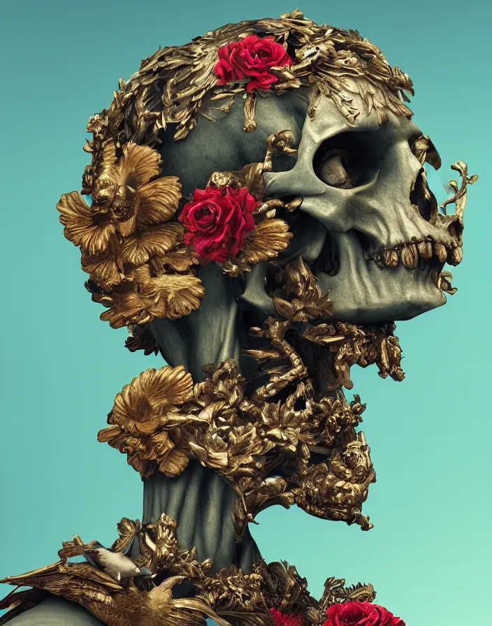 Prompt: man in the form of a Greek sculpture , birds, skulls, flowers. baroque elements, human skull. intricate artwork by artstation. halo. octane render, cinematic, hyper realism, octane render, 8k, depth of field, bokeh. iridescent accents. vibrant. teal and gold and red colour scheme