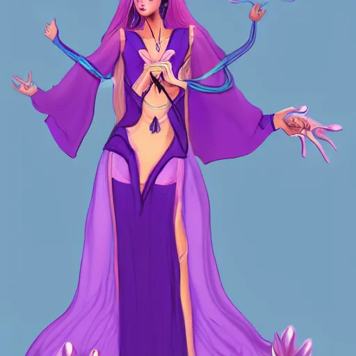 Image similar to mythical goddess from the 4th dimension wearing a comically long dress and robe, purple colors, character concept art, trending on artstation