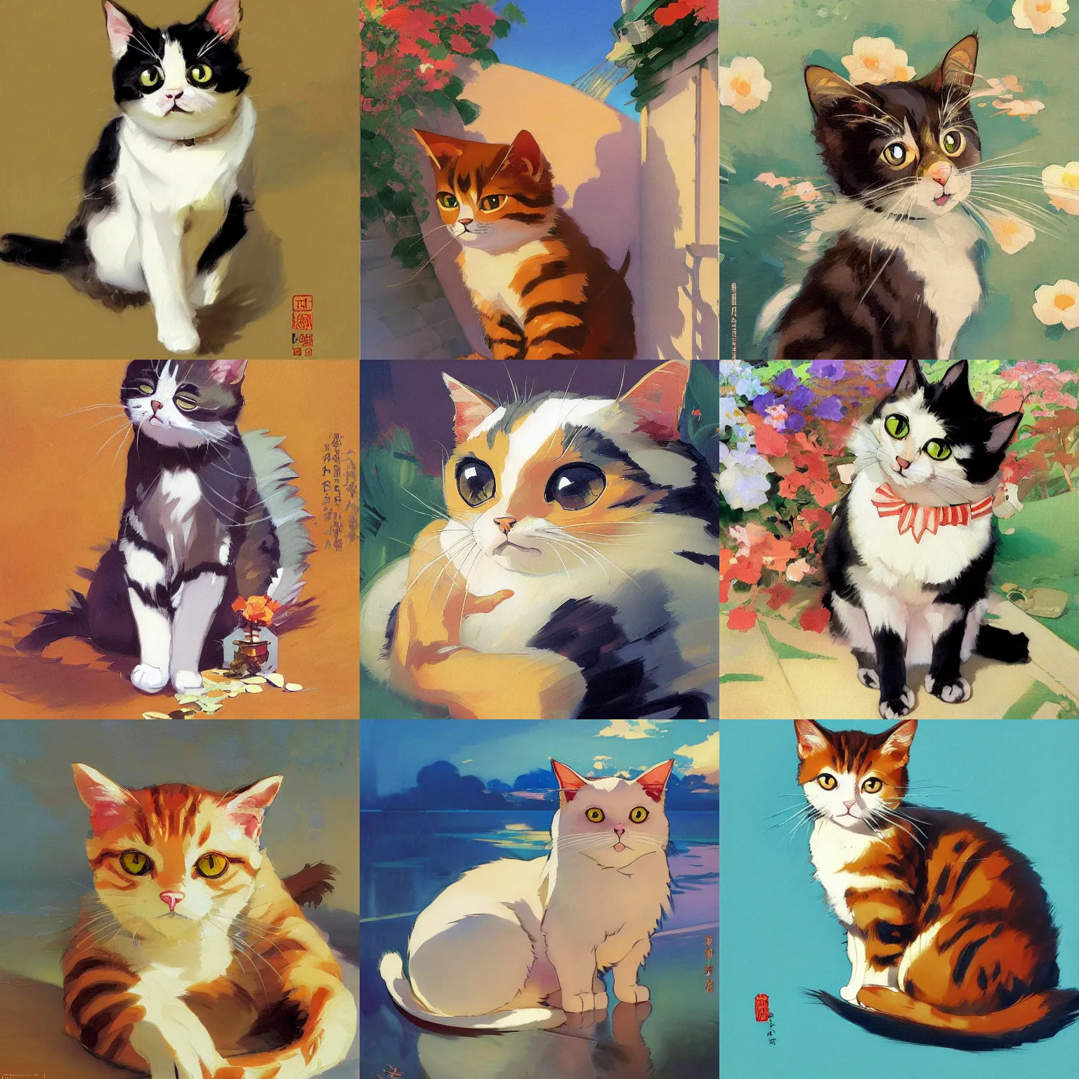 Prompt: a cute cat, by studio ghibli painting, by joaquin sorolla rhads leyendecker, an aesthetically pleasing, dynamic, energetic, lively, overlaid with aizome patterns, by ohara koson and thomas kinkade, traditional japanese colors, superior quality, masterpiece, sticker, vector art, no background