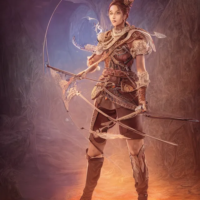 Image similar to the portrait of lawful neutral semi - colorful female archer huntress as absurdly beautiful, gorgeous, elegant, young woman, an ultrafine hyperdetailed illustration by kim jung gi, irakli nadar, intricate linework, bright colors, octopath traveler, final fantasy, unreal engine 5 highly rendered, global illumination, radiant light, detailed and intricate environment