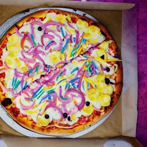 Image similar to unicorn pizza with banana and candy floss topping