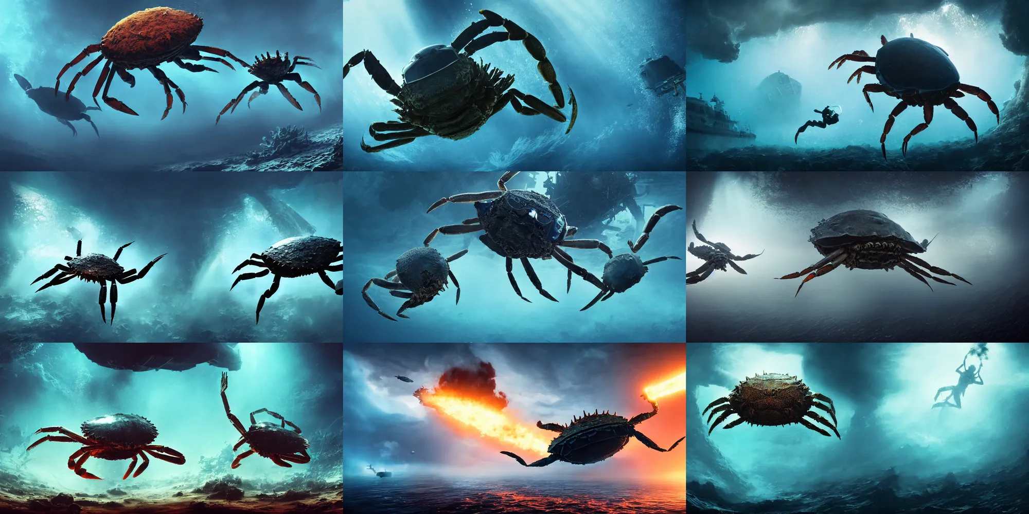 Prompt: giant crab made of smoke, astronaut underwater, atlantis scene, air bubbles, attacked submarine in background, dark, concept art, cinematic, dramatic, atmospheric, peaceful, 8 k, blue, fish, low visibility, fog, ocean floor, by denis villeneuve