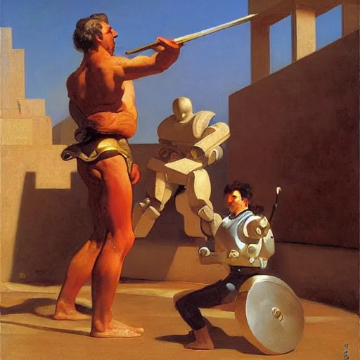 Prompt: a human painter fighting a robot, art, oil painting, by Eugene Delacroix, by David Ligare, high quality, composition