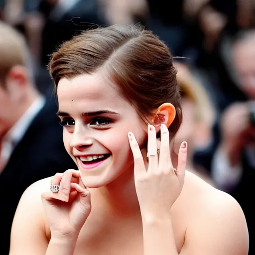 Image similar to A photo of laugh emma watson showing wedding ring on his finger. 50 mm. perfect ring. award winning photography