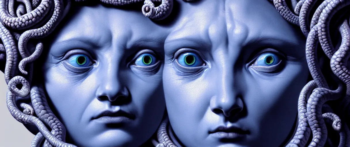 Image similar to hyperrealistic highly detailed close-up portrait of a Rubensian blue rococo medusa with 8 round cat eyes sharp concept art wayne barlowe cinematic lighting 8k low angle shallow depth of field