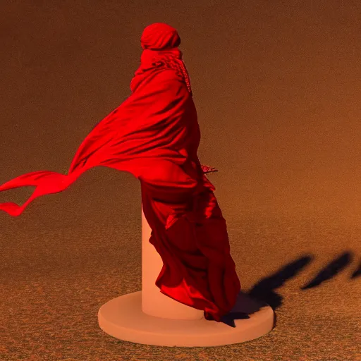 Image similar to a roman statue covered by red cloth that's blowing in the wind, digital art, concept art, cloth simulation with houdini, octane, redshift, 8 k