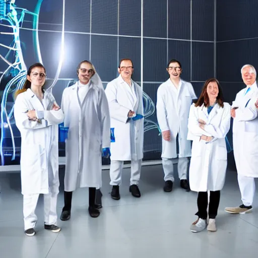 Image similar to a team of futuristic scientists standing for a group photo