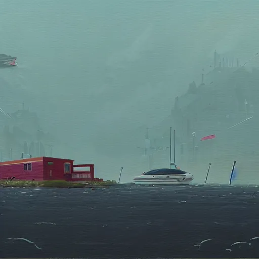 Image similar to yachting club by simon stalenhag