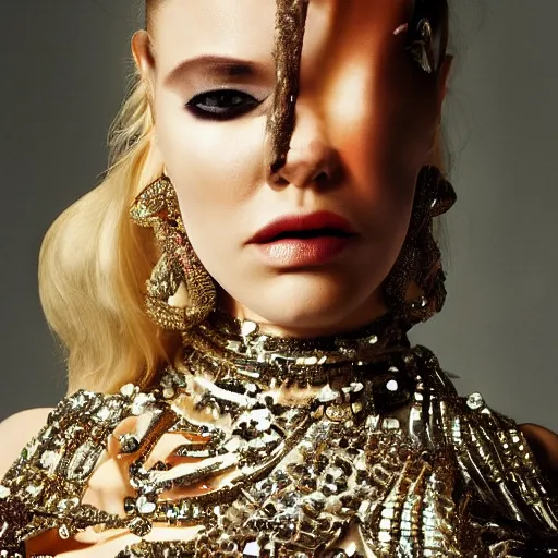 Image similar to close up of female movie star of with avant - garde dress, official versace editorial, highly detailed