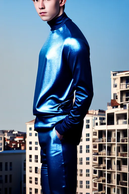 Image similar to un ultra high definition studio quality photographic art portrait of a young man standing on the rooftop of a british apartment building wearing soft padded silver pearlescent clothing. three point light. extremely detailed. golden ratio, ray tracing, volumetric light, shallow depth of field. set dressed.