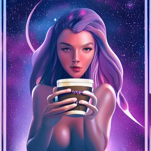 Prompt: beautiful celestial woman made of stars and galaxies drinking coffe digital art trending on artstation by greg rutkowsky
