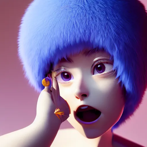 Image similar to ultra-realistic ultra-detailed woman eating a small sun the style of ghibli kazuo oga, blue and purple fur, big ears, toy room, DOF, soft lighting, unreal engine render