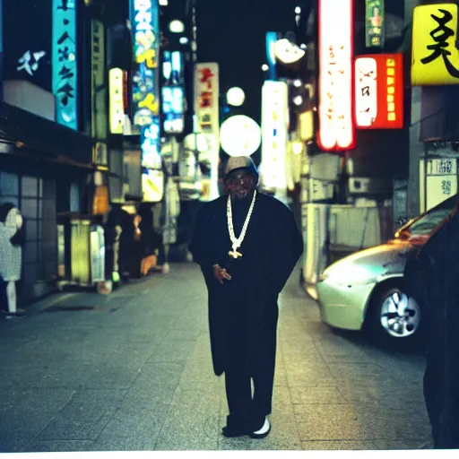 Image similar to old black man in tokyo at night, wearing gold chain, gold rings, cinestill 8 0 0,