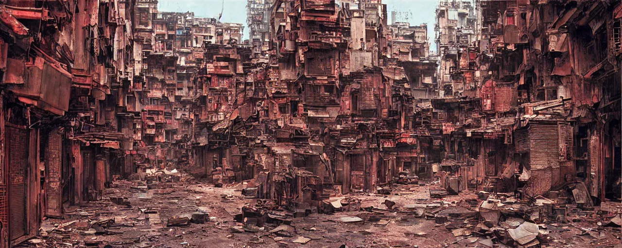 Image similar to digital painting, speedpainting, wideangle view of an alley in kowloon walled city, dirty, decaying, evening, cinestill, art by syd mead