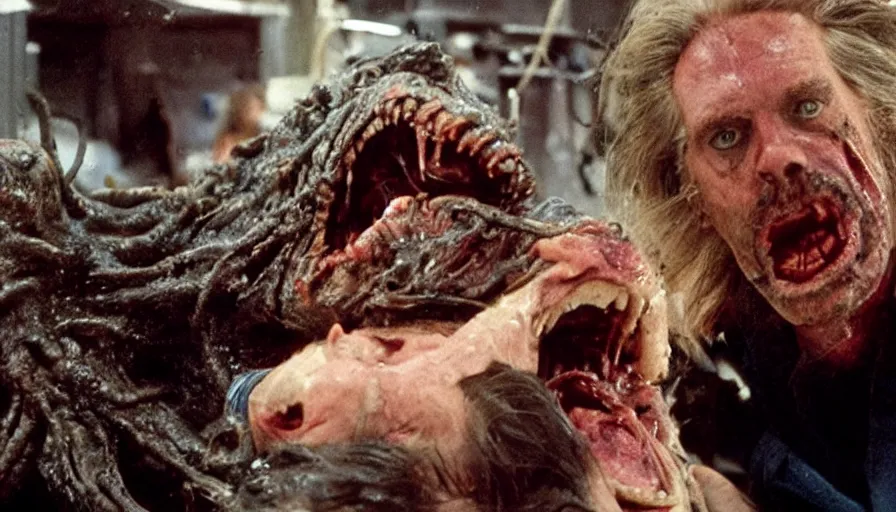 Image similar to a disgusting vile monster eating a man from The Thing, by Cronenberg and greg nicotero