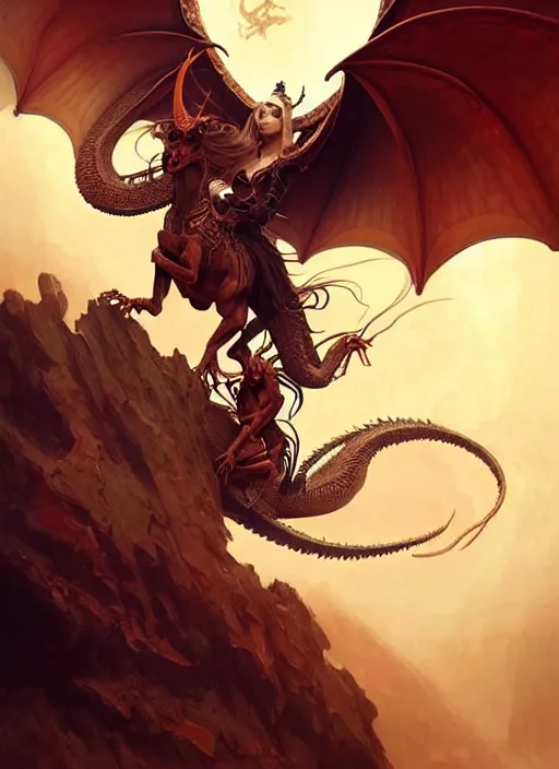 Prompt: a beautiful satanic evil sorcerer riding on a flying dragon, intricate, sharp focus, illustration, highly detailed, digital painting, concept art, matte, art by WLOP and Artgerm and Greg Rutkowski and Alphonse Mucha, masterpiece