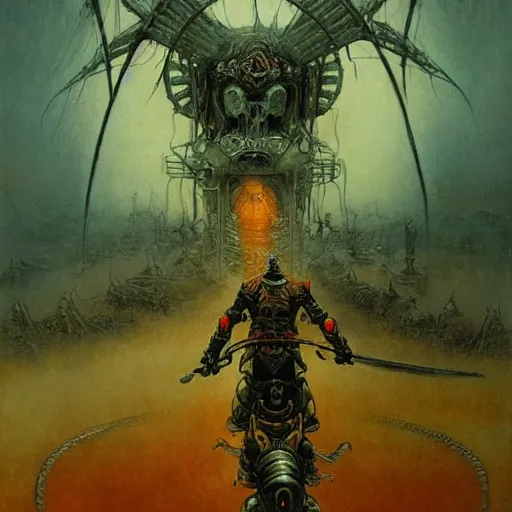 Image similar to epic wizard riding futuristic motorcycle through the gates of hell, wearing samurai armor, highly detailed beksinski painting