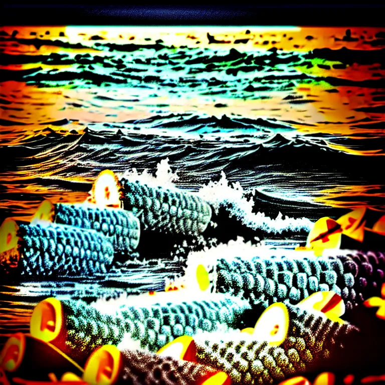 Image similar to corn floating in ocean, waves, vintage coutry style, monochromatic, detailed